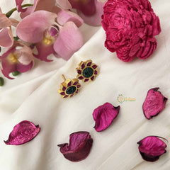 Vriksham Lotus Bloom Studs Kundan Jadau Stud Earrings-Red Green-J3659