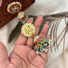 Vriksham Antique Floral Kundan Jadau Jhumka-Red Green & White-Green Bead & Rice Pearls-J4073