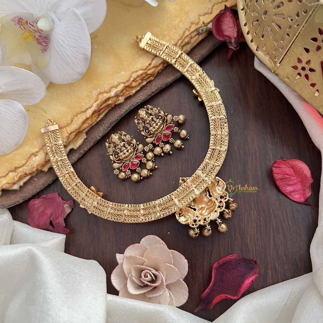 Vriksham Premium Lakshmi Dual Peacock Jadau Addigai-Red-Gold Bead-G17822