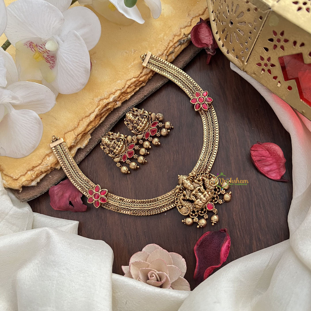 Vriksham Premium Lakshmi Dual Peacock Jadau Addigai-Red-Gold Bead-G17822