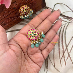 Vriksham Elegant Floral Jadau Kundan Stud-Green Beads-J4074