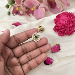 Vriksham Pearl Petal Green Kundan & Pearl Cluster Kundan Jadau Stud Earrings-J3660