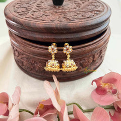 Vriksham Classic Micro Gold Finish Floral With Ruby & White Kemp Stones Jhumkas-G21437