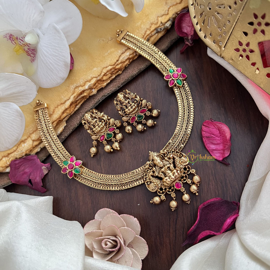 Vriksham Premium Lakshmi Dual Peacock Jadau Addigai-Red Green-Gold Bead-G17821