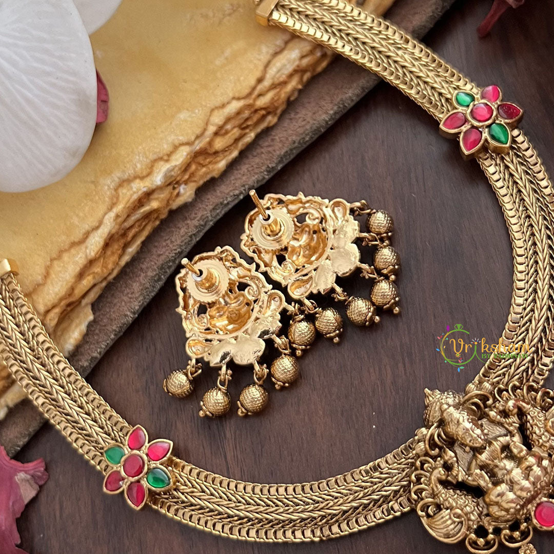 Vriksham Premium Lakshmi Dual Peacock Jadau Addigai-Red Green-Gold Bead-G17821