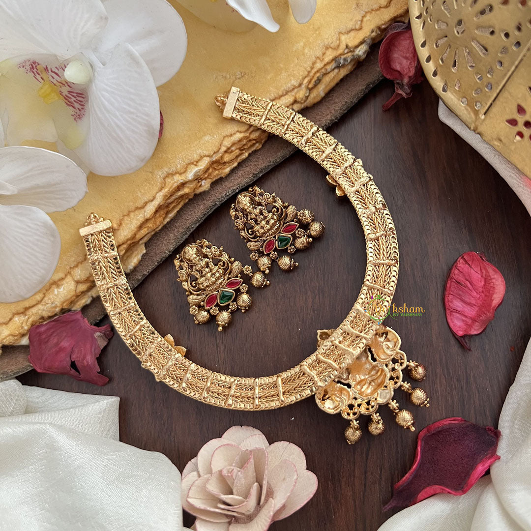 Vriksham Premium Lakshmi Dual Peacock Jadau Addigai-Red Green-Gold Bead-G17821