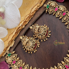 Vriksham Gold Look Alike Lakshmi Jadau Short Neckpiece-Red Green-G17851