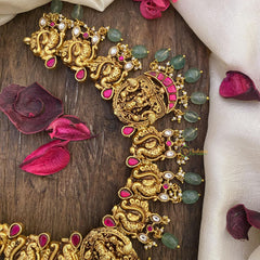Vriksham Lakshmi Peacock Jadau Kundan Short Neckpiece-Green Bead-J2598