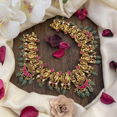 Vriksham Lakshmi Peacock Jadau Kundan Short Neckpiece-Green Bead-J2598