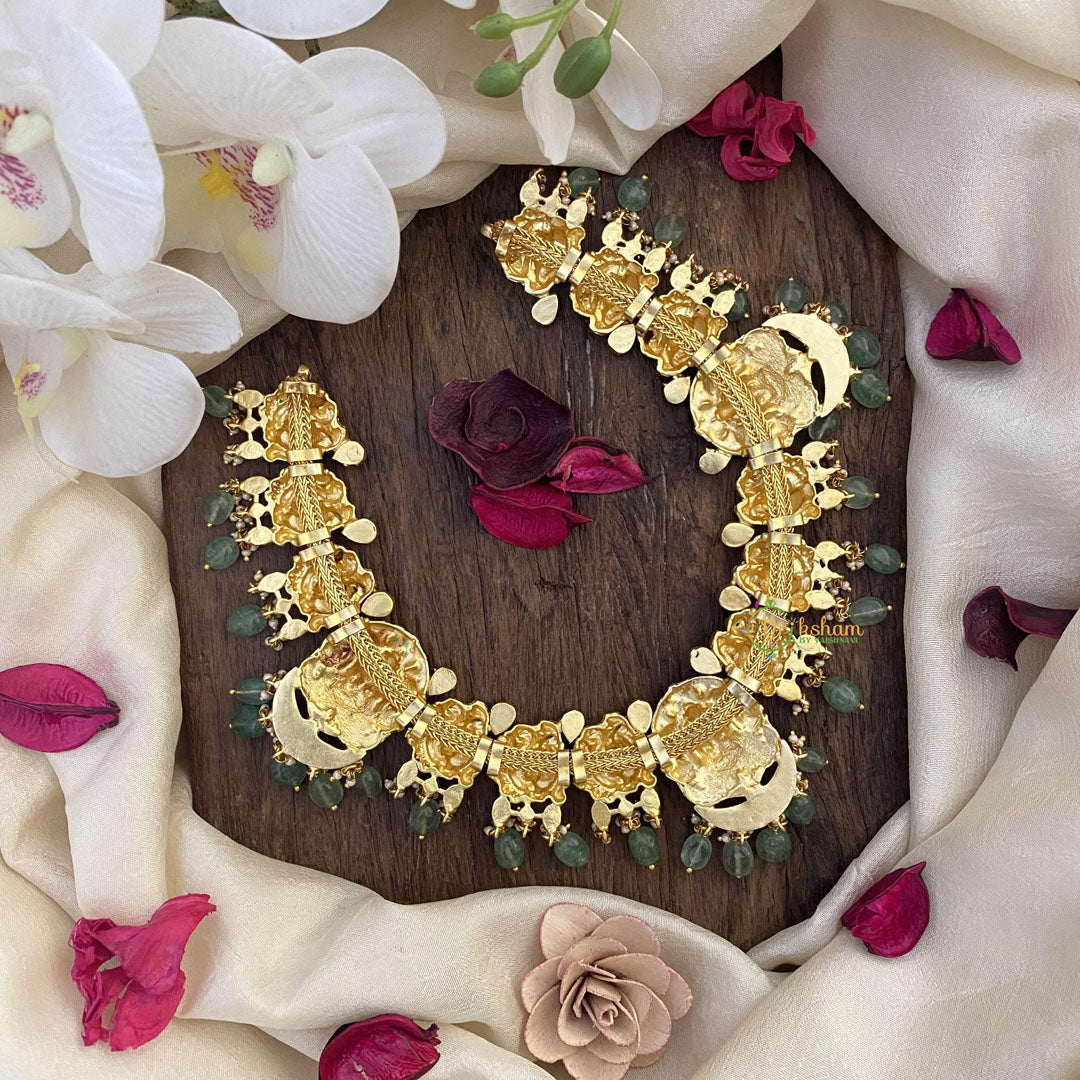 Vriksham Lakshmi Peacock Jadau Kundan Short Neckpiece-Green Bead-J2598