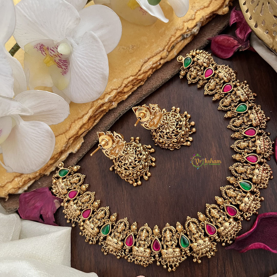 Vriksham Gold Look Alike Lakshmi Jadau Short Neckpiece-Red Green-G17851