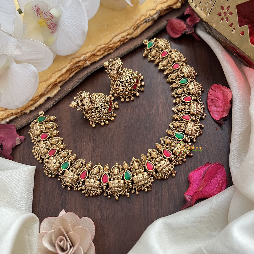 Vriksham Gold Look Alike Lakshmi Jadau Short Neckpiece-Red Green-G17851