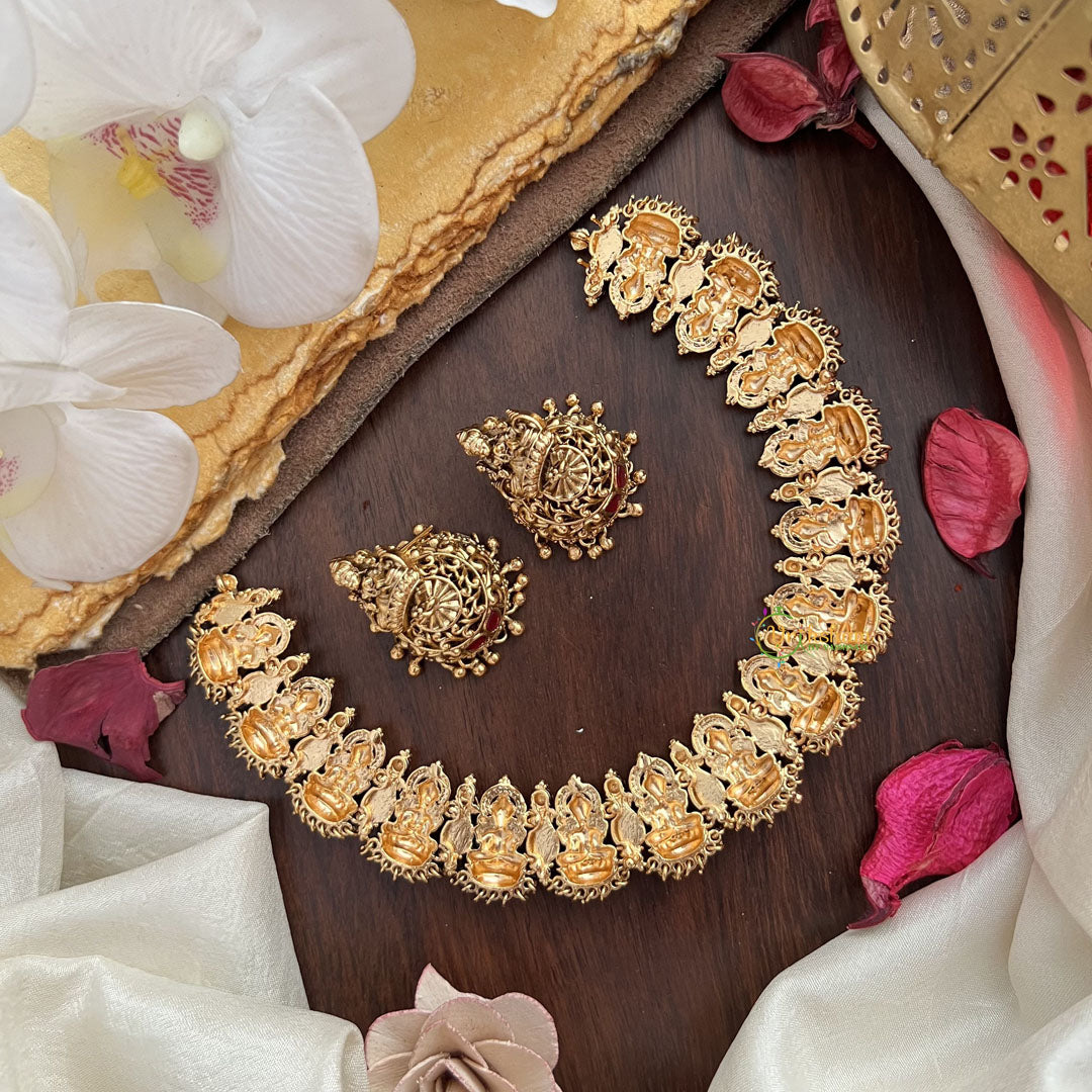Vriksham Gold Look Alike Lakshmi Jadau Short Neckpiece-Red Green-G17851