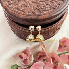 Vriksham Micro Gold Finish Floral With Ruby & Emerald & White Kemp Stones Jhumkas-G21436