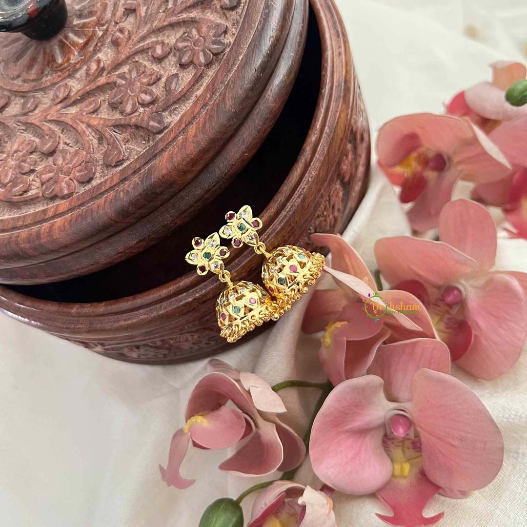 Vriksham Elegant Floral With Ruby & Emerald & White Kemp Stones Jhumkas-G21435