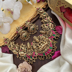 Vriksham Dual Peacock Lakshmi Short Neckpiece-Red Green-Gold Bead-G17850