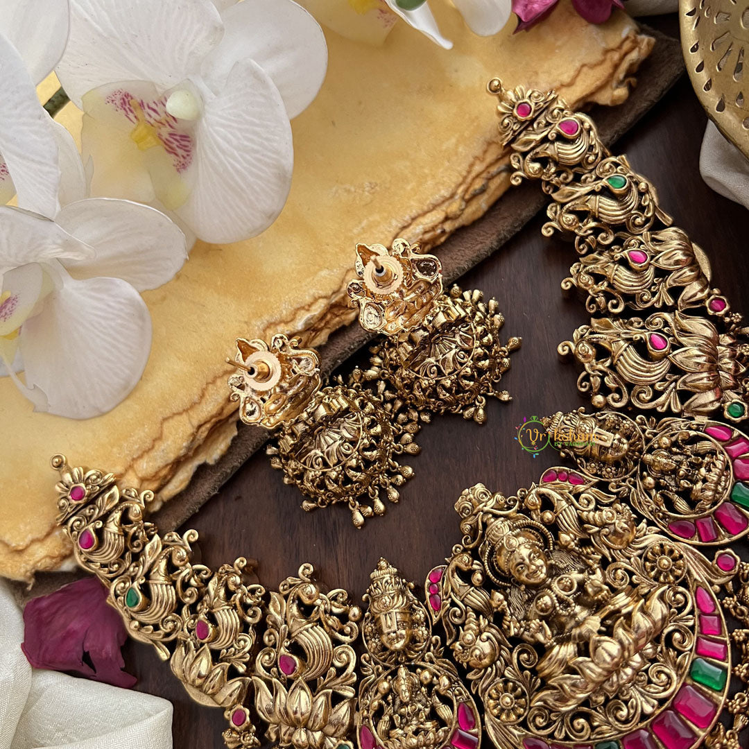 Vriksham Dual Peacock Lakshmi Short Neckpiece-Red Green-Gold Bead-G17850