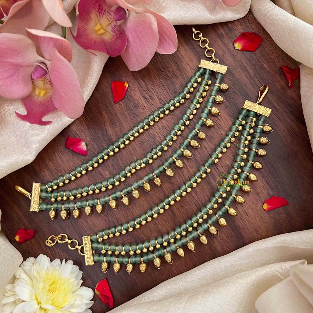 Vriksham Elegant Sea-Green Beaded With Gold Bud Charms 3-Layer Maatil-G21421