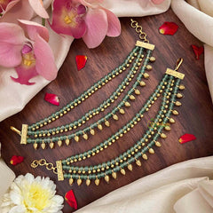 Vriksham Elegant Sea-Green Beaded With Gold Bud Charms 3-Layer Maatil-G21421