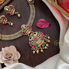 Vriksham Premium Lakshmi Dual Elephant Pendant Jadau Addigai-Red Green-Gold Bead-G17824