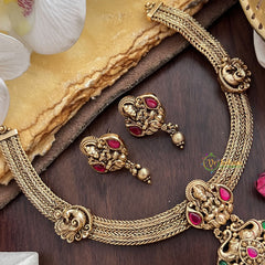 Vriksham Premium Lakshmi Dual Elephant Pendant Jadau Addigai-Red Green-Gold Bead-G17824