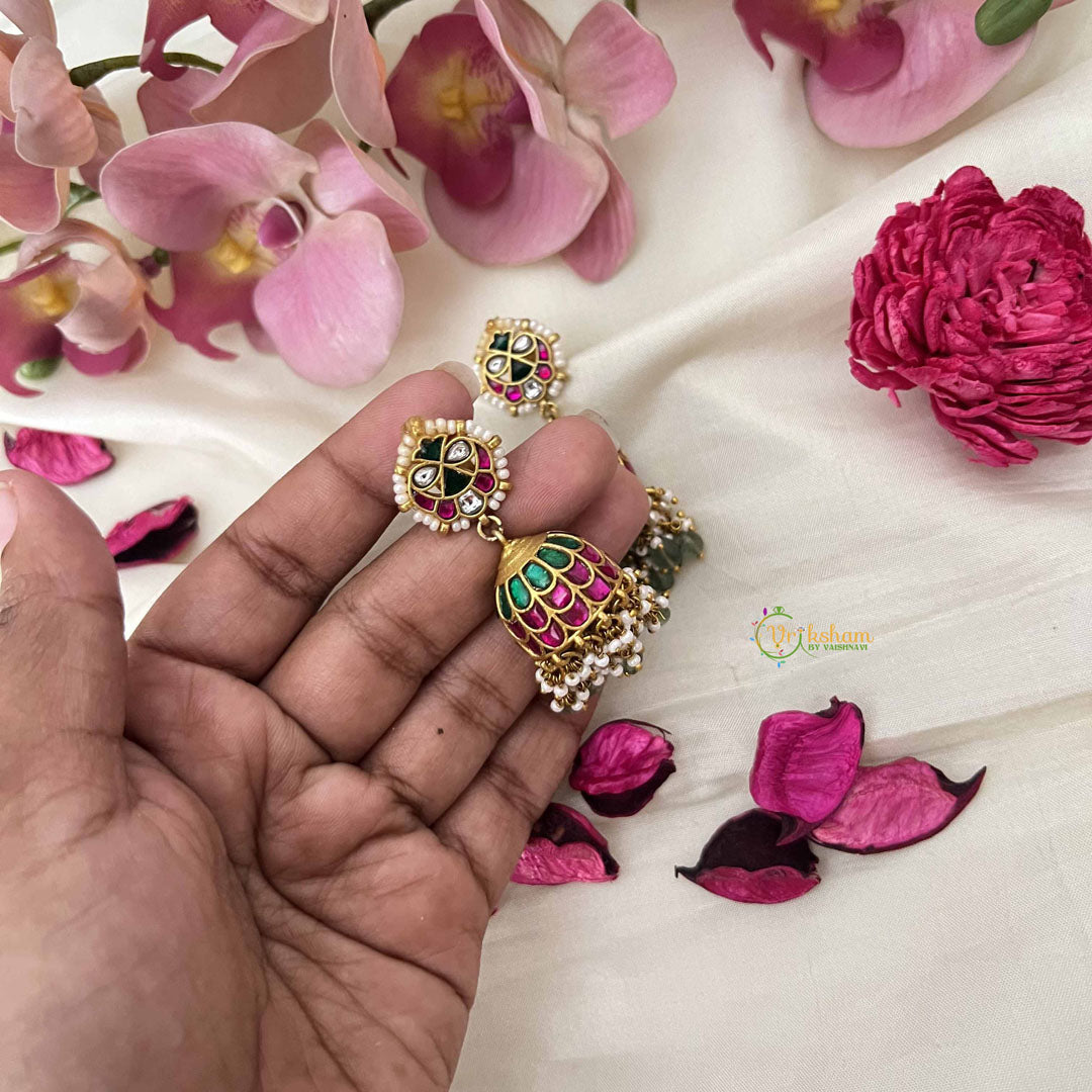 Vriksham Bridal Ethnic Chandbali Style Kundan Jadau Jhumkas-Red White & Green-Pearl & Green Bead-J3666
