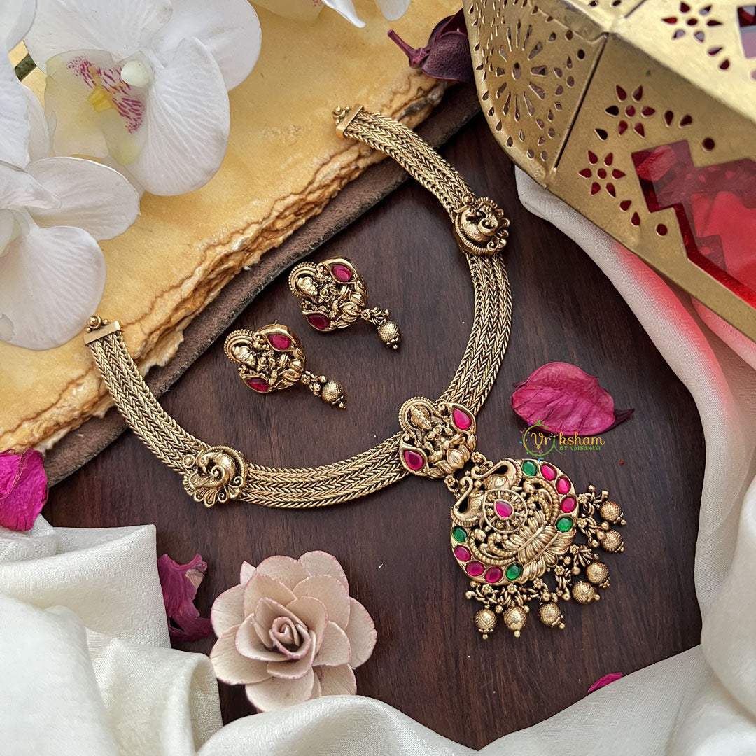 Vriksham Premium Lakshmi Dual Elephant Pendant Jadau Addigai-Red Green-Gold Bead-G17824