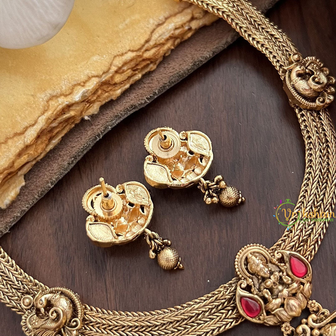 Vriksham Premium Lakshmi Dual Elephant Pendant Jadau Addigai-Red Green-Gold Bead-G17824