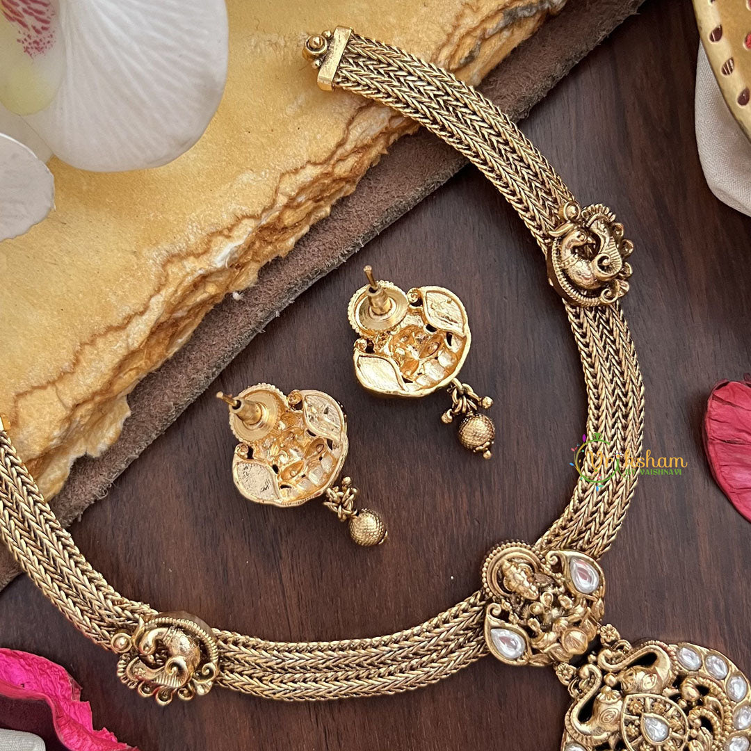 Vriksham Premium Lakshmi Dual Elephant Pendant Jadau Addigai-White-Gold Bead-G17823