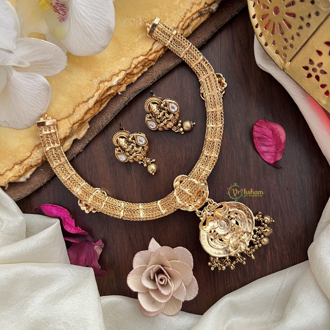 Vriksham Premium Lakshmi Dual Elephant Pendant Jadau Addigai-White-Gold Bead-G17823