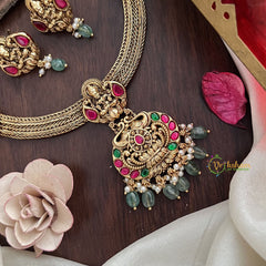 Vriksham Premium Lakshmi Dual Elephant Pendant Jadau Addigai-Red Green-Green Bead-G17825