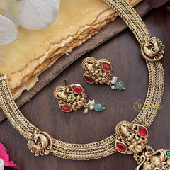 Vriksham Premium Lakshmi Dual Elephant Pendant Jadau Addigai-Red Green-Green Bead-G17825