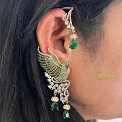 Vriksham Emerald Green Peacock CZ Studded Ethnic Statement Ear Cuffs With Stud Earrings-G21426