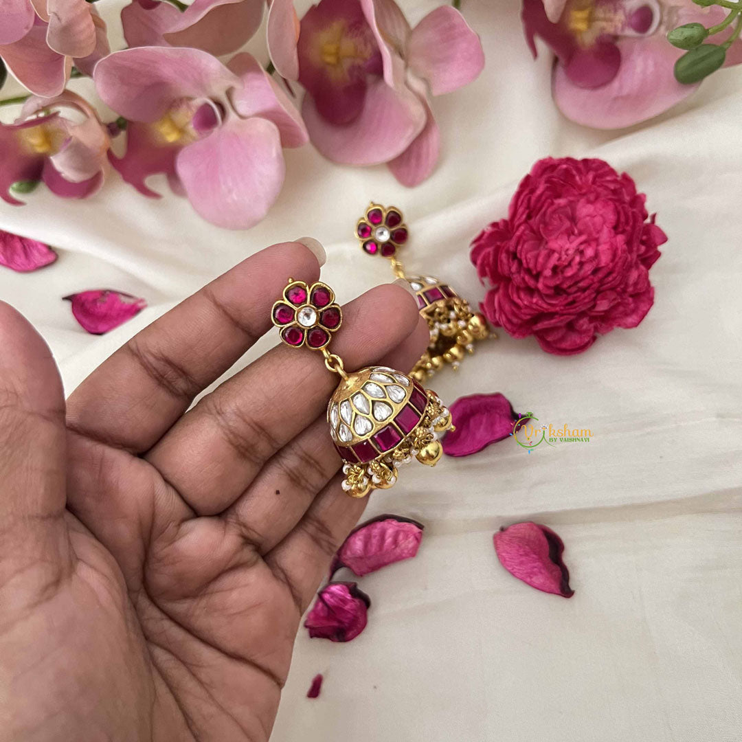Vriksham Statement With Floral Studs and Gold Bead Fringe Kundan Jadau Jhumkas-J3670