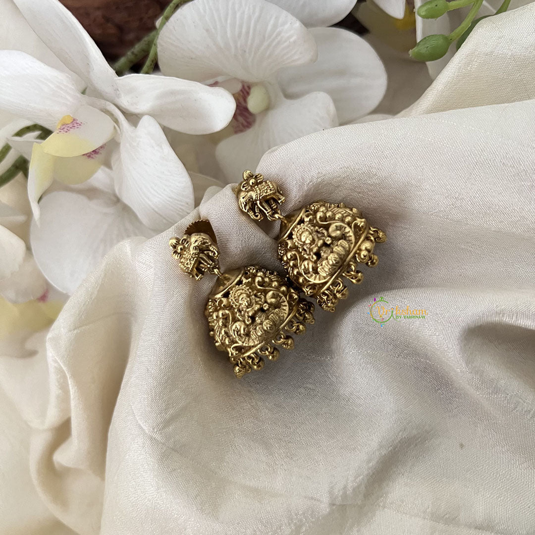 Vriksham Traditional Elephant With Lakshmi  Golden Style Jhumkas Earrings-Gold Pearls-G19197