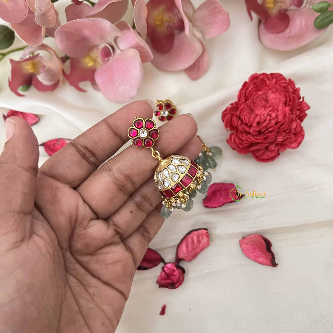 Vriksham Statement With Floral Studs and Green Bead Fringe Kundan Jadau Jhumkas-J3671