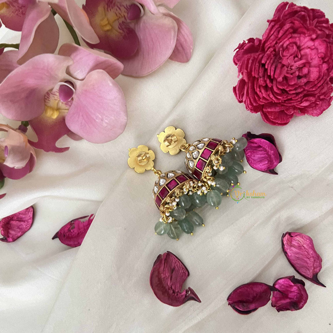 Vriksham Statement With Floral Studs and Green Bead Fringe Kundan Jadau Jhumkas-J3671