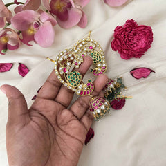 Vriksham Designer peacock Motif Kundan Jadau Jhumka With Earcuff-Green Bead-Pearls-J3590