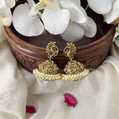 Vriksham Designer Peacock Style Jhumkas Earrings-Red Green-Pearls-G19195
