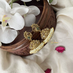 Vriksham Designer Peacock Style Jhumkas Earrings-Red Green-Pearls-G19195