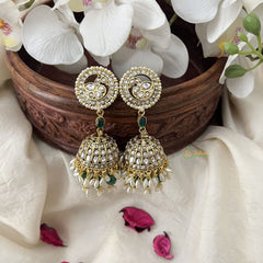 Vriksham Elegant Peacock Kundan Style Jhumkas Earrings-Aqua Green Bead-Rice Pearl-G19200