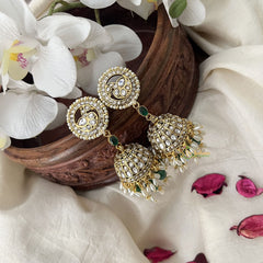 Vriksham Elegant Peacock Kundan Style Jhumkas Earrings-Aqua Green Bead-Rice Pearl-G19200