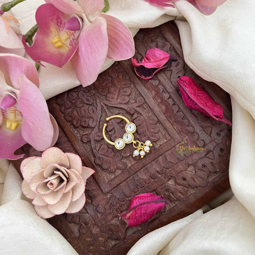 Vriksham Three Dot With Pearl Danglers Kundan Jadau Septum Ring-White-J3926