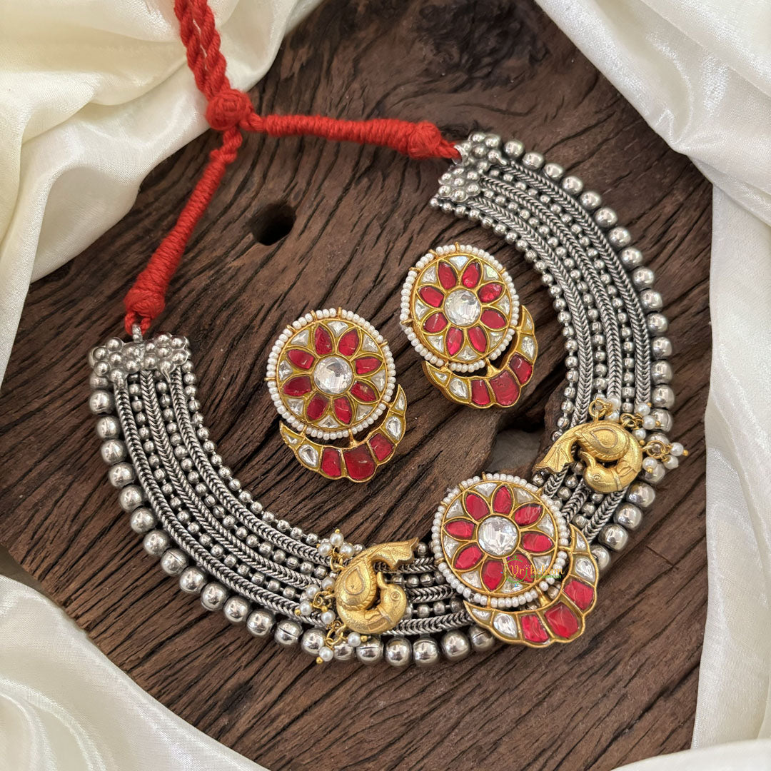 Statement Silver Neckpiece with Kundan Stones - Red & White - J1873