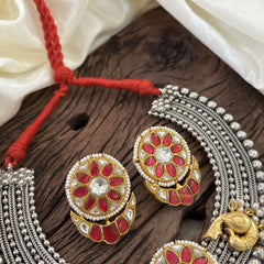 Statement Silver Neckpiece with Kundan Stones - Red & White - J1873