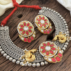 Statement Silver Neckpiece with Kundan Stones - Red & White - J1873