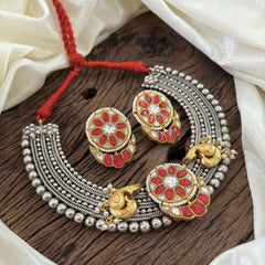 Statement Silver Neckpiece with Kundan Stones - Red & White - J1873