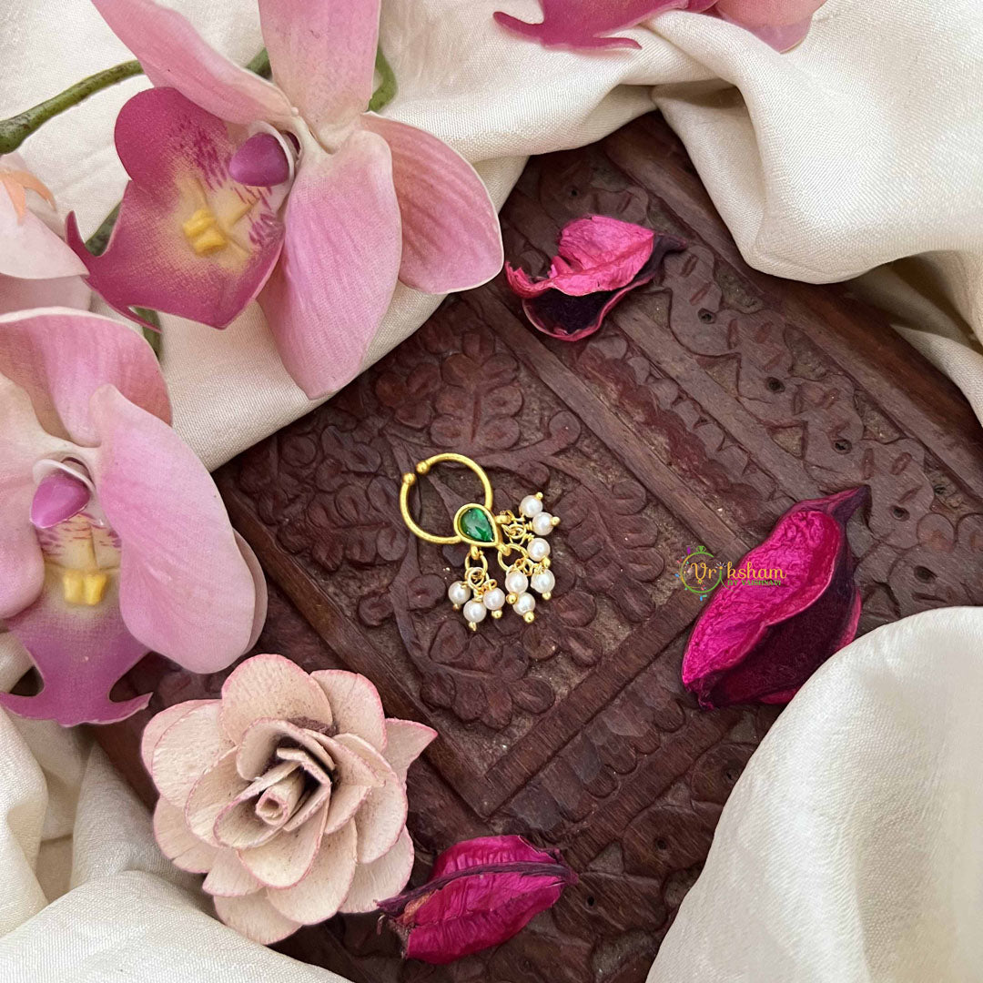 Vriksham  Pear Drop Style Gold-Toned Kundan Jadau Septum Ring-Green-Pearls-J3923