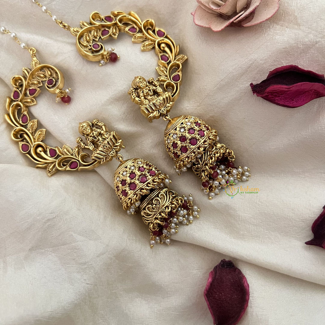 Vriksham Antique Gold Buttalu Nakshi With Lakshmi Ear cuff Double Jhumkas Earrings-Red-Pearl-G19226