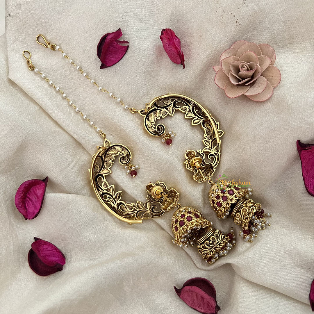 Vriksham Antique Gold Buttalu Nakshi With Lakshmi Ear cuff Double Jhumkas Earrings-Red-Pearl-G19226